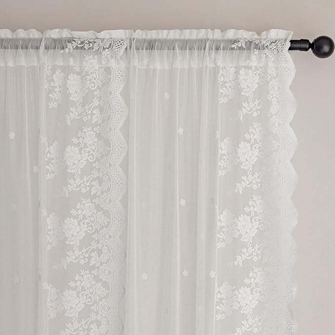 White Lace Sheer Curtains – Vintage Floral Lace for Living Room/Bedroom, Airy Light Filtering Rod Pocket Drapes, Privacy Elegant Chic Victorian Pattern Design, 52W x 63L Inch, 2 Panels