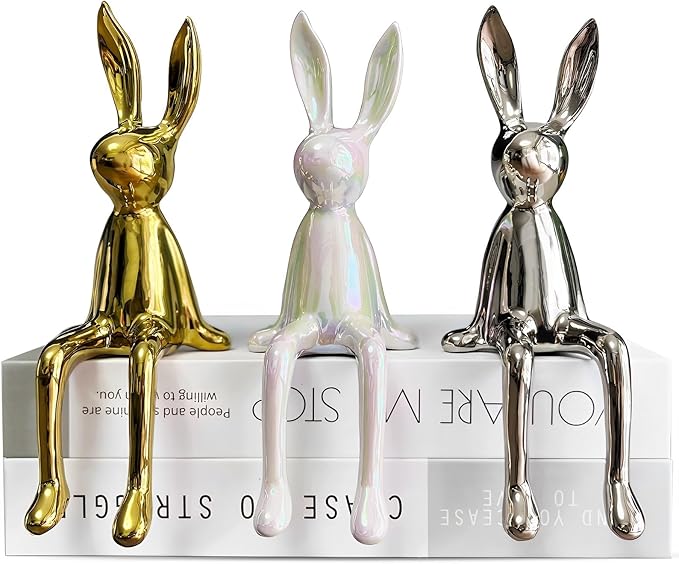 3-Piece Rabbit Decor Sculptures - Home, Office, Living Room, Bedroom - Accents, Decorations, Figurines - Small Statues for Bookshelf, Desk - Ideal Gifts (Gold, Silver, White)
