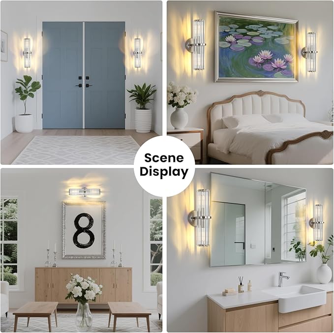 Crystal Wall Sconce Set of 2, Brushed Nickel Luxury Indoor Vanity Wall Lamp, 15.7-Inch Upper and lower illuminated Bathroom Light Fixtures, for Living Room, Bedroom, Bathroom, Hallway, Mirror, E26