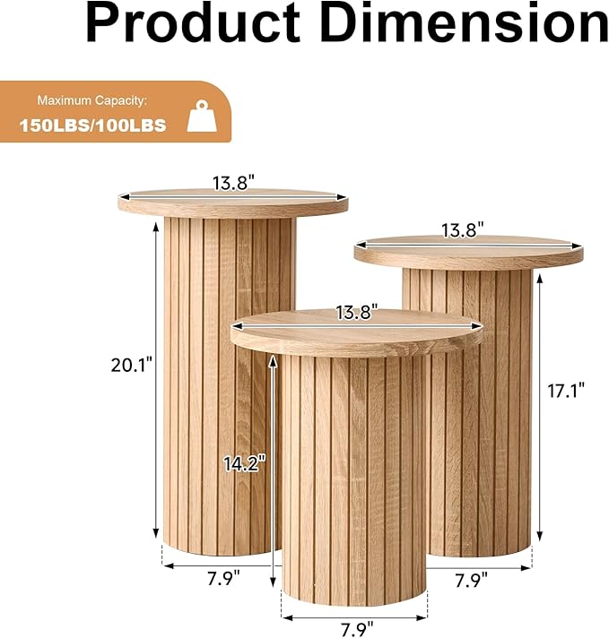 3-Piece Nesting Coffee Table Set, Modern Small Round Wood Side Tables, Fluted Drum Base, for Living Room Bedroom Apartment Small Space, Natual