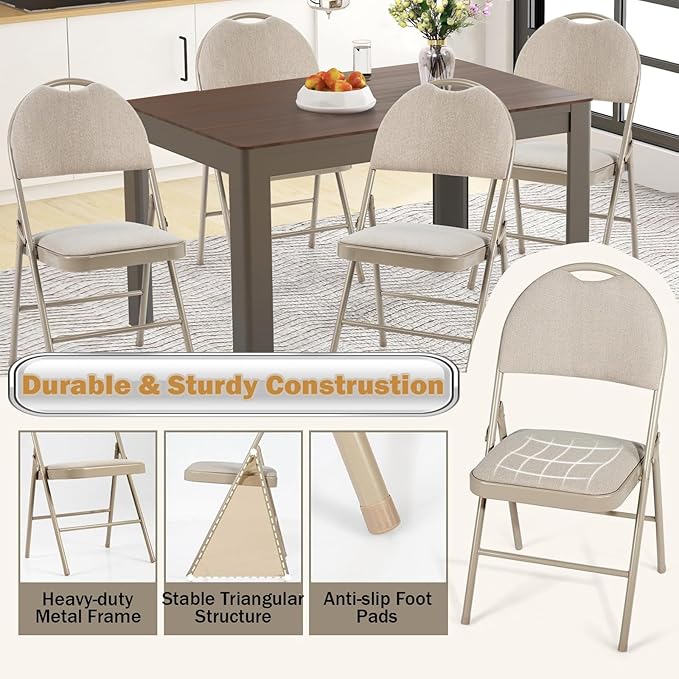 POWERSTONE Folding Chairs 6 Pack, Foldable Chair Set with Padded, Handle Hole and Metal Frame Dining Chair Set for Indoor and Outdoor, School, Office and Garden Party (Beige)