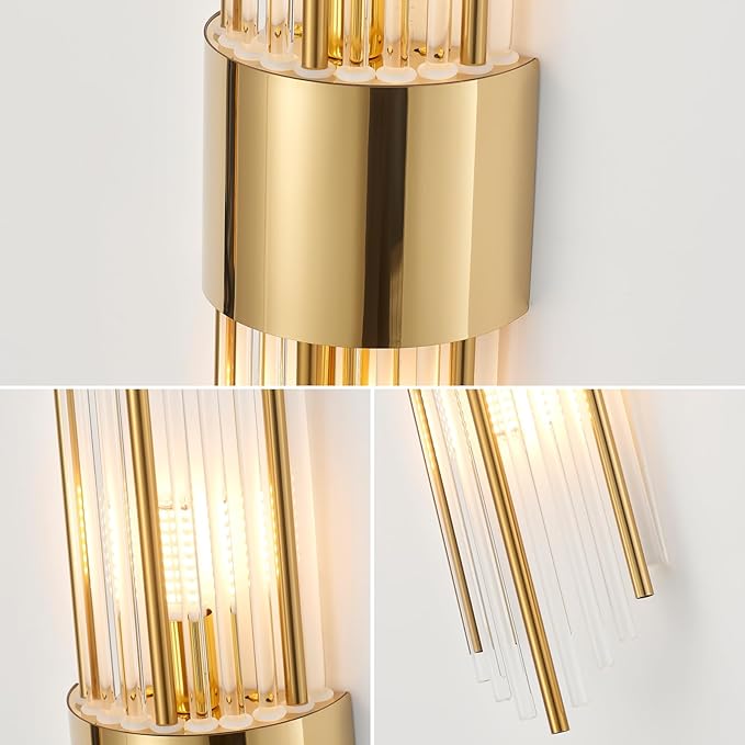Modern Gold Crystal Wall Sconce, Gold Wall Light Vertical Rod Design,Vintage Looking Gold Metal Wall Sconce, for Living Room, Bedroom, Bathroom, Vanity, Staircase, Hallway