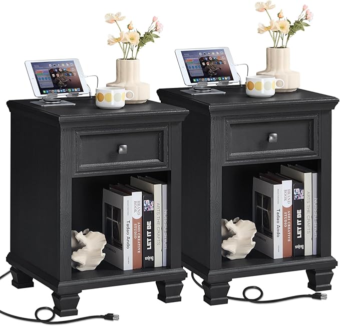 Farmhouse End Tables Living Room Set of 2, Rustic Wood Nightstand with 1 Drawer, Bedside Table with Open Shelf for Bed Room, Side Table for Living Room, Black