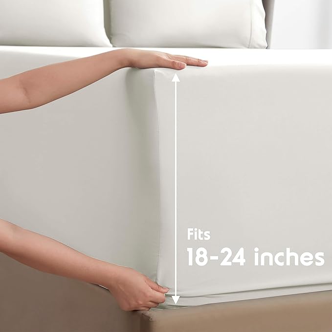 Nestl Extra Deep Split King Sheet Set - 7 Piece Breathable & Cooling Sheets - Hotel Luxury Bedding Set w/18-24 Inch Deep Pockets - Easy & Secure Fit - Super Soft, Wrinkle Free & Comfy - Off White