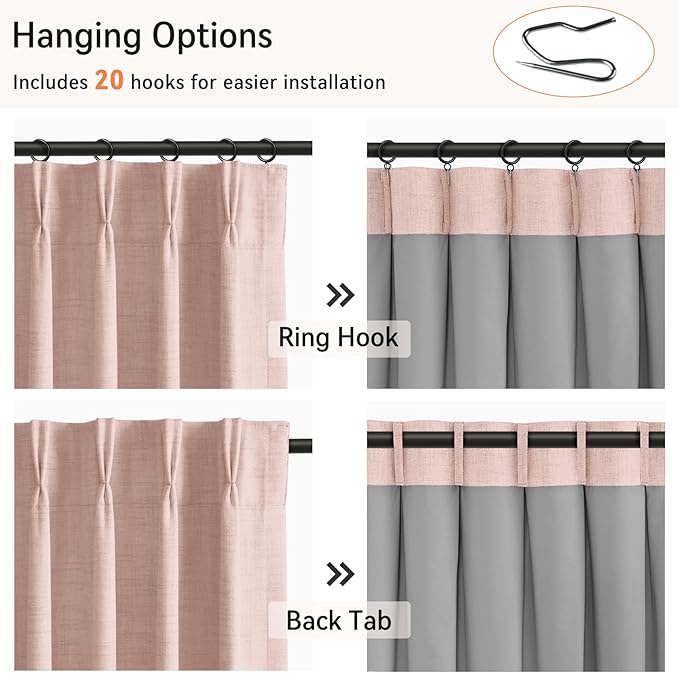 100% Blackout Shield Linen Look Textured Pinch Pleated Curtains Blackout Drapes 108 Inch Long 2 Panels Set, Faux Linen Blackout Curtains for Bedroom & Living Room, 40" W x 108" L, Blush Pink