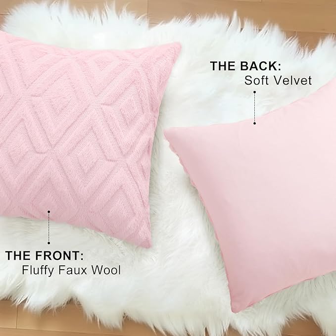 decorUhome Couch Throw Pillow Covers 12x20 Set of 2, Decorative Soft Plush Faux Wool Lumbar Neutral Accent Pillow Covers for Bed Sofa Living Room, Light Pink