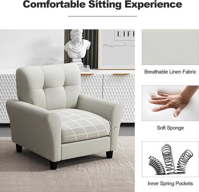 Giantex Modern Mid-Century Accent Chair Set of 2 - Linen Living Room Chair with Tufted Back, 7" Thick Cushion, Max Load 400 lbs, Upholstered Armchair, Club Chair for Bedroom, Beige