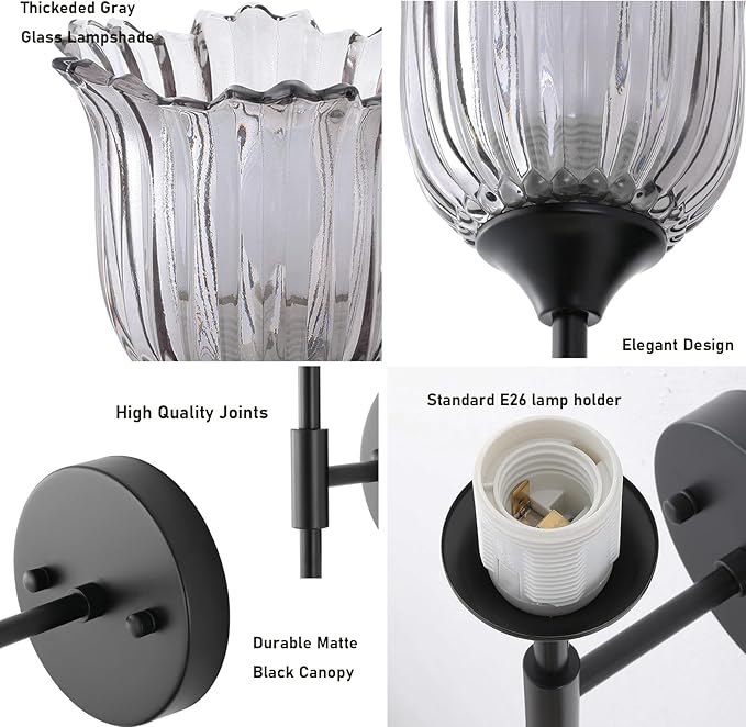 Vintage Wall Sconce Set of 2 with Smoke Gray Glass Shades Mid Century Bathroom Vanity Wall Light Fixtures Industrial Matte Black Wall Lamp for Bedroom Mirror Living Room Restaurant