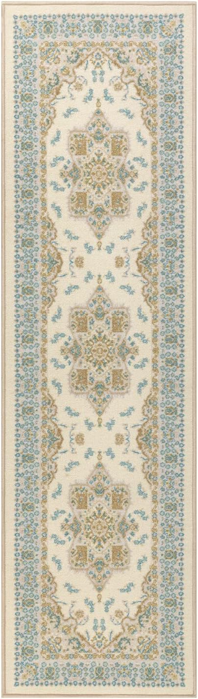 Antep Rugs Alfombras Oriental Traditional 2x10 Non-Skid (Non-Slip) Low Profile Pile Rubber Backing Indoor Runner Rugs (Blue Beige, 2' x 10')