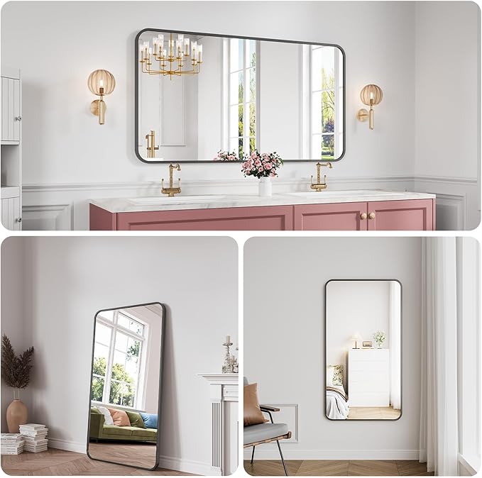 Bathroom Mirror, 30X55 Inch Black Metal Framed Mirror for Bathroom, Tempered Glass, Anti-Rust, Rounded Rectangle Mirror for Restroom, Bedroom, Black