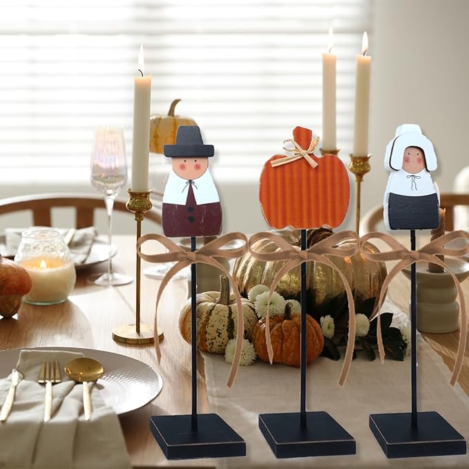 3 Pcs Thanksgiving Tiered Tray Decor Turkey Wooden Table Pilgrim Couple Decorations Indoor Fall Sign for Thanksgiving aumtum Home Table Decor