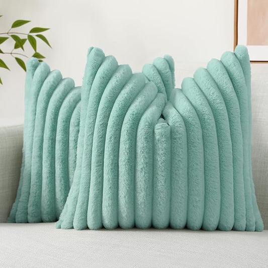 decorUhome Faux Fur Throw Pillow Covers 16x16 Set of 2, Decorative Soft Plush Striped Neutral Couch Euro Pillow Covers with Velvet Back for Sofa, Bed, Living Room Home Decor, Aqua