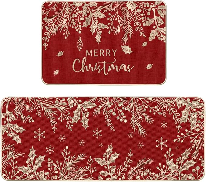 Artoid Mode Holly Pine Branches Leaves Merry Christmas Kitchen Mats Set of 2, Winter Decor Low-Profile Kitchen Rugs for Floor - 24x35 and 24x59 Inch