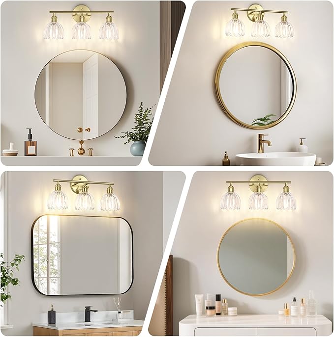 Vintage Bathroom Light Fixtures,3-Light Hardwired Vanity Lights Over Mirror,Gold Wall Sconces with Clear Tulip Glass Shade for Bathroom Living Room,E26 Socket(Bulbs Not Included)