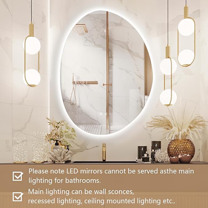 Niccy Irregular LED Bathroom Mirror, 30"x40" Asymmetrical Backlit Vanity Wall Mirrors, Frameless Lighted Mirrors for Bedroom, Living Room, Modern Smart-Mirror with Anti-Fog, Dimmable, Memory Function