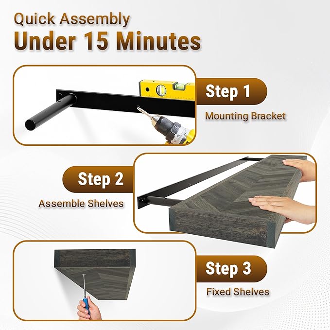 24" Acacia Chevron Floating Shelves Set of 2 - Wall Mounted Wooden Shelf for Stylish Home Dรฉcor - Mocha Color - 24x6.7x1.5 Inches