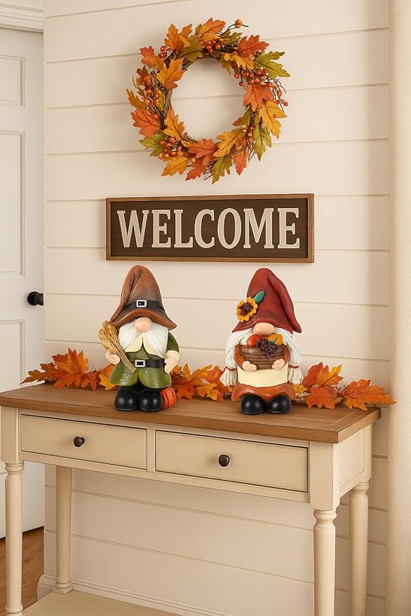 iStatue Thanksgiving Decorations Fall Gnome Figurines – 2 Pack Resin Harvest Figurines with Pumpkins, Wheat & Basket, Autumn Home Décor Accents for Table, Mantel, Shelf (Brown)