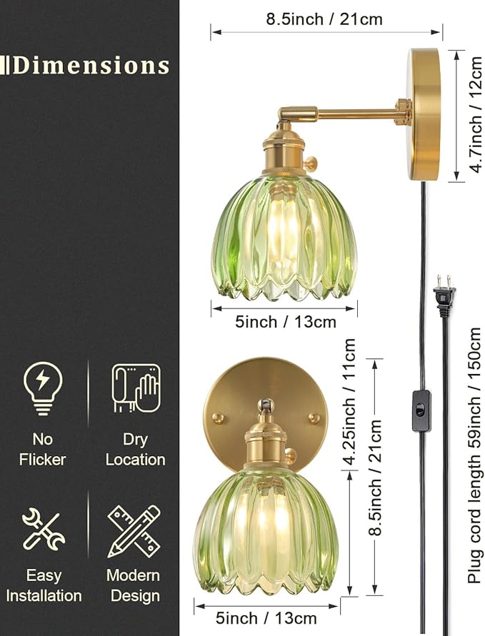 Plug in and Hardwired Wall Sconces, Luxury Vintage Tulip Crystal Glass Shade Wall Light with Switch for Bedside Bedroom Living Room (Tulip-Green, 1)
