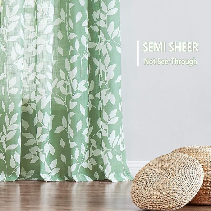 White Green Curtains for Living Room 72" Length Leaf Print Semi-Sheer Curtains for School Bedroom Windows, Grommet Top, 2 Pack