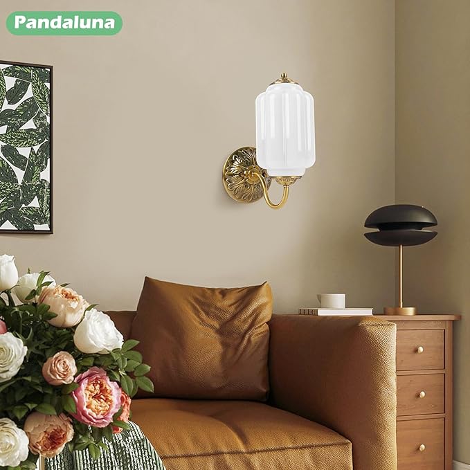 Vintage Wall Sconce, White Milk Glass Light Fixture, 5.5In Art Deco Antique Wall Sconce for Bedroom Bathroom Living Room Hallway Entryway, E12 LED Bulb Included