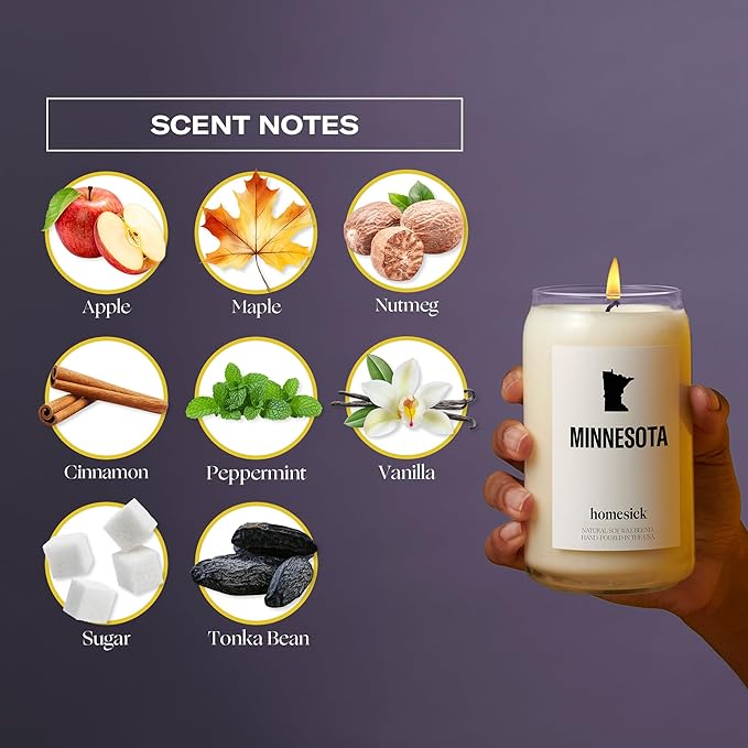 Homesick Scented Candles for Home (Minnesota) - 13.75 oz Long-Lasting Soy Wax Jar Candle for Women & Men for All Occasions, 60-80 Hours Burn Time - Notes of Apple, Maple & Clove