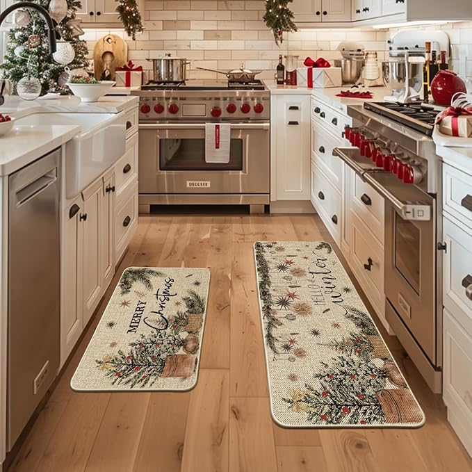 Artoid Mode Holly Ornament Merry Christmas Kitchen Mats Set of 2, Winter Home Decor Low-Profile Kitchen Rugs for Floor - 24x35 and 24x59 Inch
