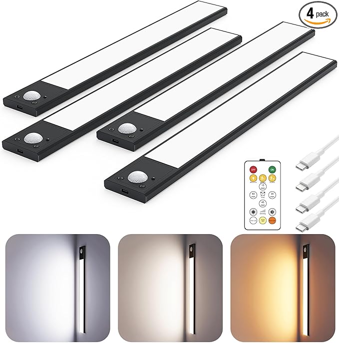 12" Ultra-Thin Under Cabinet Lighting Wireless, Aluminum Alloy Under Counter Lights for Kitchen, 3-Color-Temps Magnetic Closet Lights, Rechargeable Motion Sensor Light Indoor (4 Pack, Black)