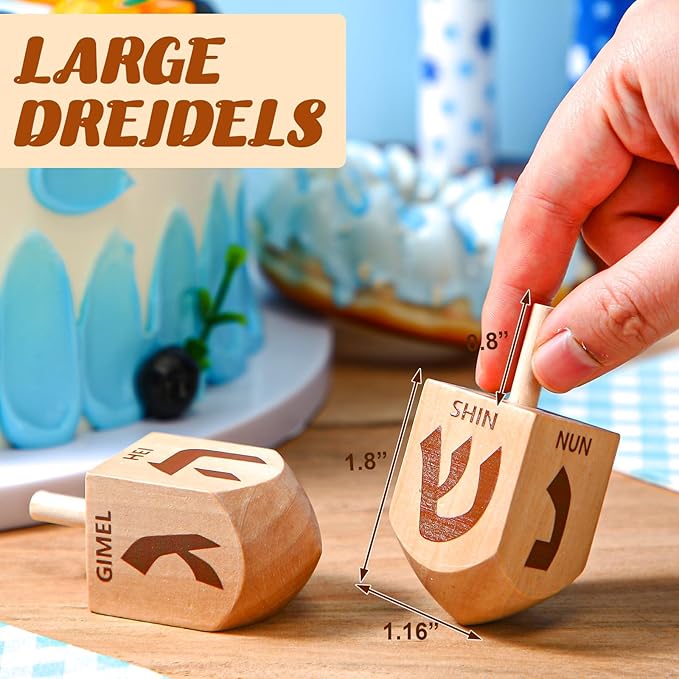 2 Pcs Hanukkah Dreidels Game Toy Extra Large Wooden Dreidel for Hanukkah Decoration with English Transliteration, Forever Spinning Tops Party Favors(Simple)