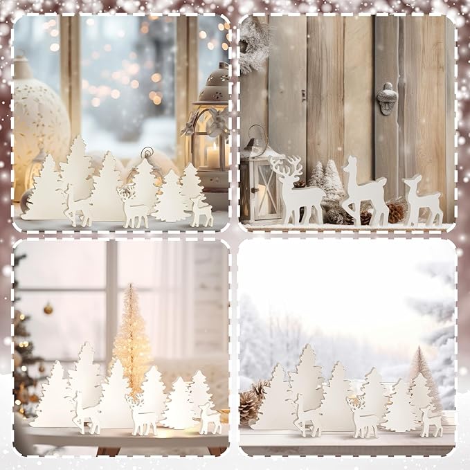 Barydat 9 Pcs Winter Christmas Decorations Indoor Christmas Tree Reindeer Farmhouse Wooden Rustic Centerpieces Decoration for Xmas Winter Home Office Table Shelf Desk Mantel Decor