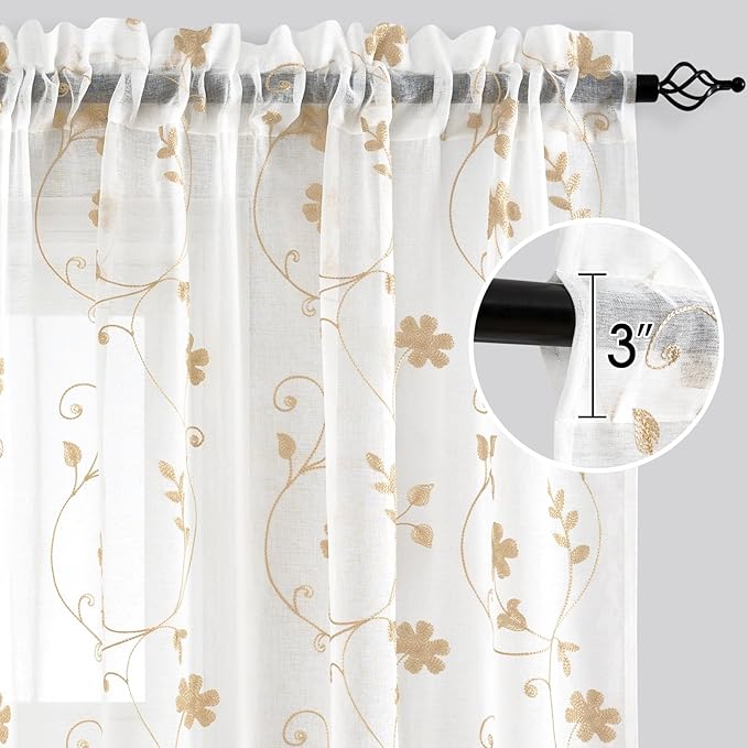 HOMEIDEAS Yellow Sheer Curtains 96 Inches Long 2 Panels Yellow and White Embroidered Floral Pattern Semi Sheer Window Curtains for Bedroom Living Room