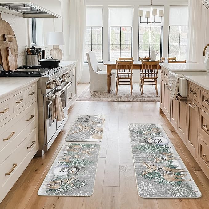 Artoid Mode Deer Tree Let It Sonw Snowflakes Christmas Kitchen Mats Set of 3, Winter Decor Low-Profile Kitchen Rugs for Floor - 17"x29"+17"x36"+17"x47"