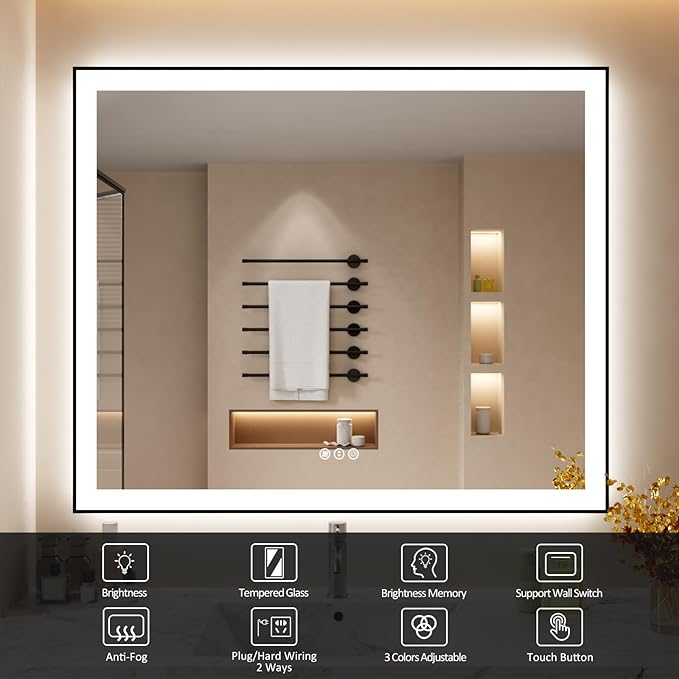 48x40 Inch LED Bathroom Mirror with Black Frame, Backlit and Front Lighted Bathroom Mirrors for Wall, Anti-Fog, Dimmable, Memory, Shatterproof, LED Vanity Mirror for Bathroom