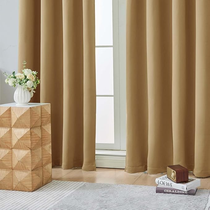 Aiyufeng Gold Blackout Curtains for Bedroom 63 Inch Length 2 Panels Set, Solid Thermal Insulated Energy Saving Rod Pocket Window Treatment Curtains Blackout Drapes, W40 x L63 Inch, Gold