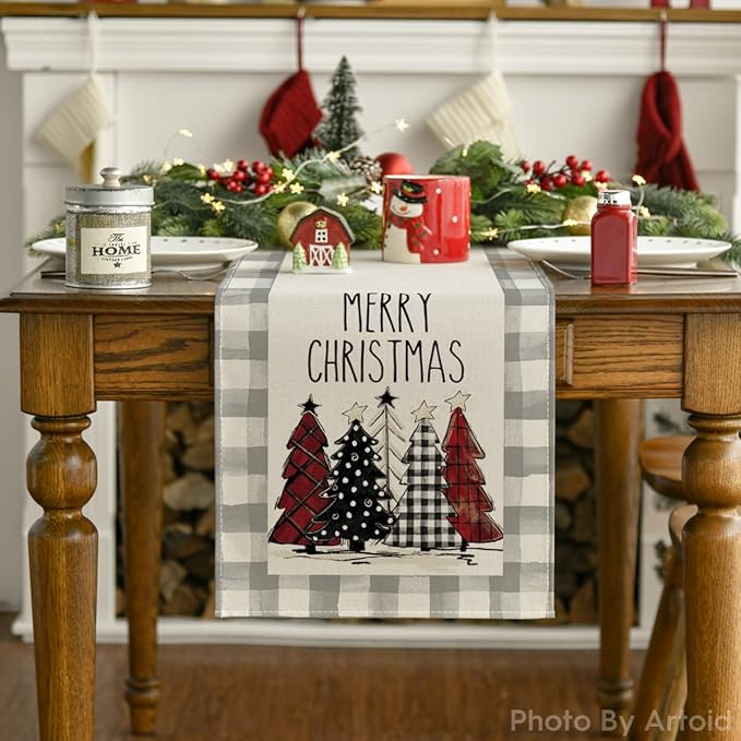 Artoid Mode Waterclor Grey Buffalo Plaid Christmas Trees Merry Xmas Table Runner, Seasonal Winter Holiday Kitchen Dining Table Decoration for Indoor Outdoor Home Party Decor 13 x 120 Inch