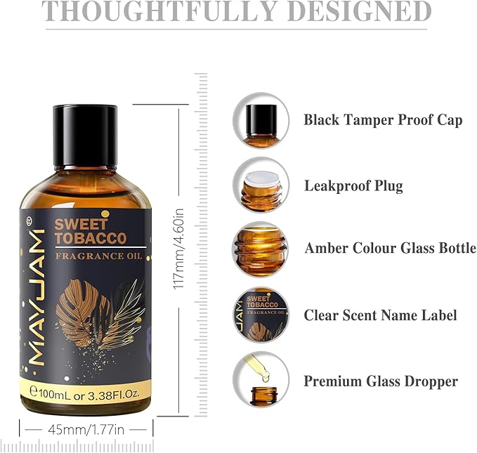 MAYJAM 100ML/3.38FL.OZ Sweet Tobacco Fragrance Oils with Glass Dropper, Essential Oils for Diffusers for Home, Long Lasting Scented Oils for Diffusers Soap Candle Making