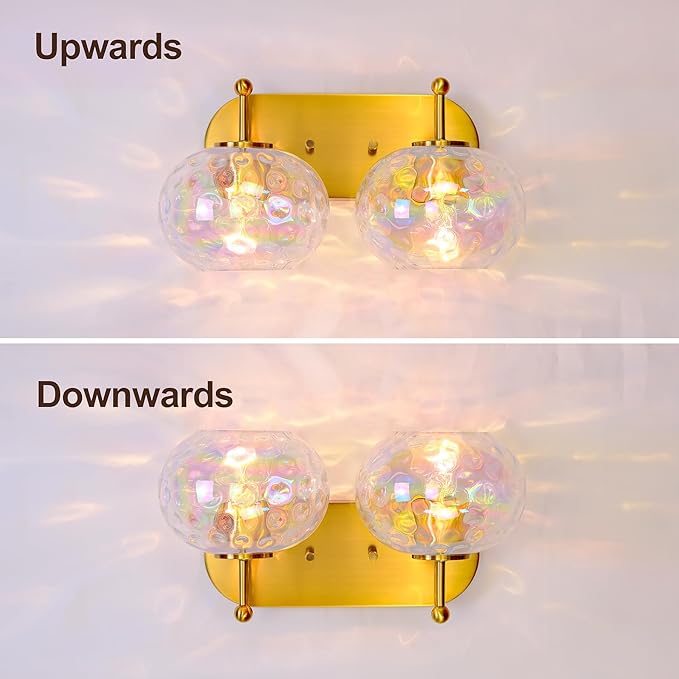 Brushed Gold Vanity Light Stained Hammered Glass Wall Sconce 2-Light Brass Wall Lamp for Hallway Living Room Stairwell Bathroom Over Mirror (Brass Gold, 2-Light)