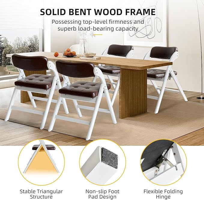 Padded Folding Chairs with Cushion, Stackable Wooden Foldable Chair Set of 2, Padded Folding Chairs with Cushion for Guests Kitchen, Office, Wedding, Picnic, Party Chair (White Brown)