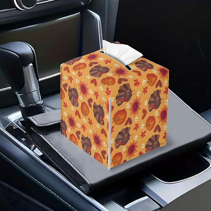 Turkey Pumpkin Tissue Box Cover Holder Square Facial Tissue Case Facial Paper Organizer Dispenser for Bathroom Bedroom Living Room Decor Thanksgiving PU Leather Napkin Boxes Covers