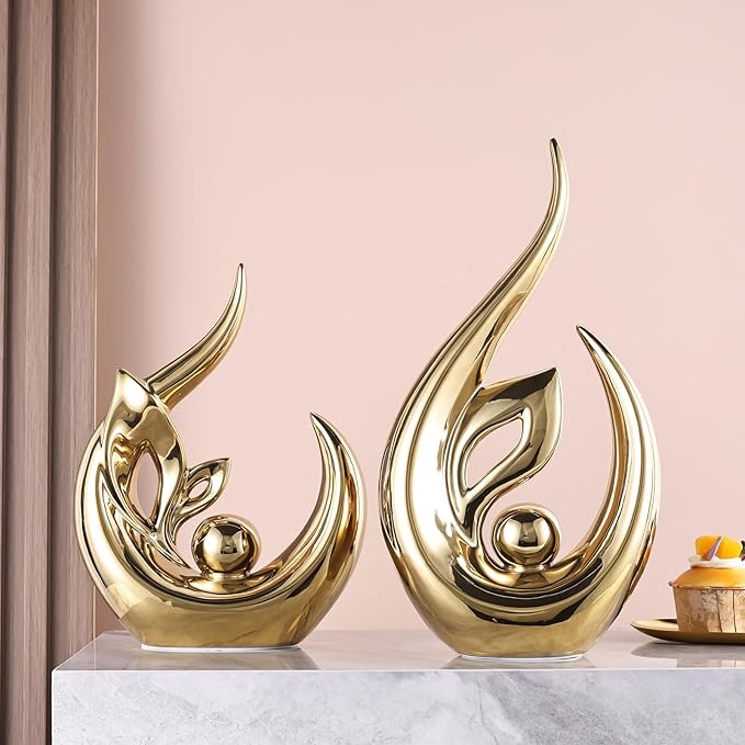 13" H Bright Gold Abstract Sculptures Home Decor, Ceramic Art Statue Cool Stuff to Put on Shelves&tv Stand Decor, Gold Accent Entertainment Center, for Fireplace Coffee Table Dining Table Decorate