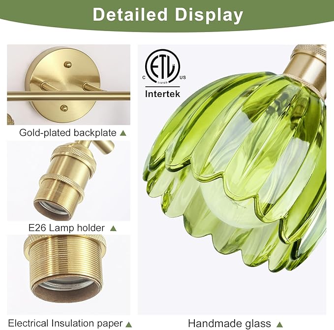Vintage Bathroom Light Fixtures,2-Light Hardwired Vanity Lights Over Mirror,Gold Wall Sconces with Green Tulip Glass Shade for Bathroom Living Room,E26 Socket(Bulbs Not Included)