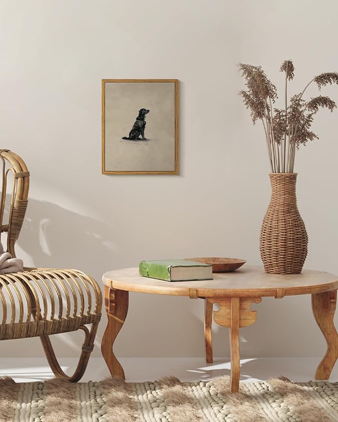 VIYYIEA Vintage Framed Black Dog Wall Art, Bedroom Living Room Minimalist Animal Art Decor, Antique Dog Canvas Print Paintings, Home Farmhouse Retro Still Life Decor, 8x10 Inch