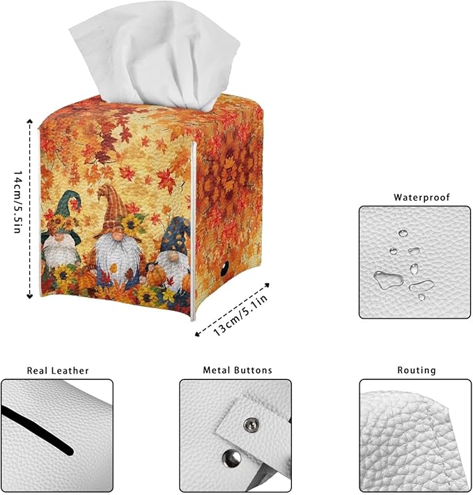 Maple Leaves Elf Tissue Box Holder Square Pu Leather Tissues Cube Box Cover Modern Decorative Thanksgiving Facial Napkin Holder Case for Car Kitchen Bedroom Bathroom
