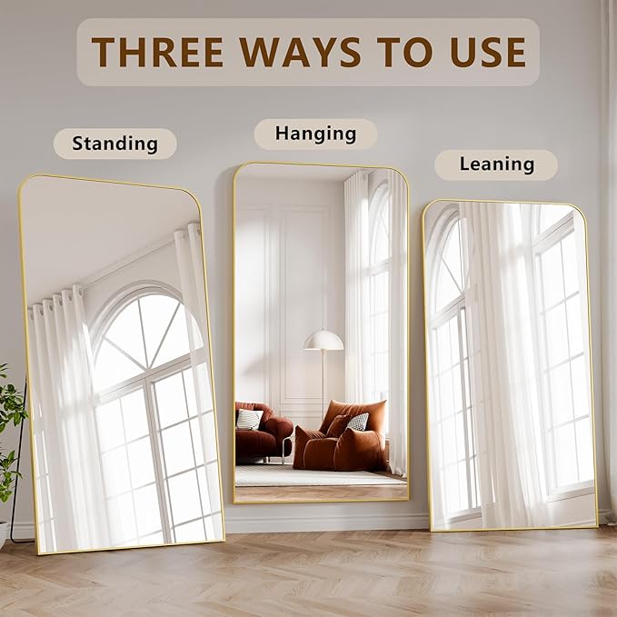 Koonmi Full Length Mirror, 86"x40" Mirror Full Length with Stand, Gold Domed Top Square-Edged Floor Mirror with Aluminum Alloy Frame for Bedroom Living Room