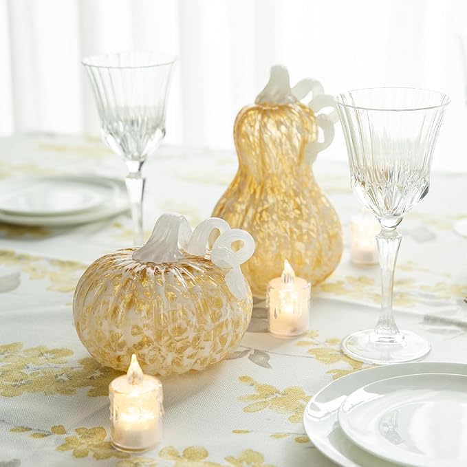 Glitzhome Hand Blown Glass Pumpkin, 8.5" H Fall Amber Dots Glass Gourd Crystal Pumpkin Home Decor Collectible Figurine Home Decorations for Tabletop/Halloween/Thanksgiving