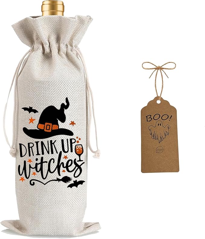 1Pcs Drink Up Witches Gifts Wine Bag,Halloween Wine Bag Halloween Gifts Party Decorations for Women Men with 1Pcs Kraft Blessing Cards and natural jute rope