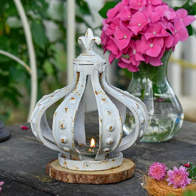 Sungmor Cast Iron Crown Sculpture, Antique White with Rustic Accent, Creative Candle Cover, Centerpiece Art Crown Statue for Tabletop Decor, Bookshelf, Special Occasions