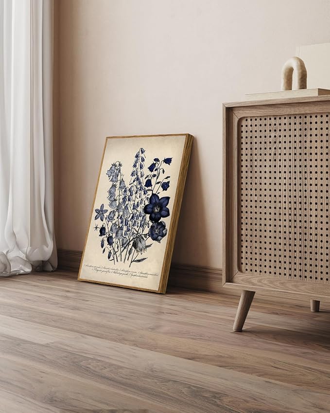 VIYYIEA Vintage Framed Botanical Wall Art Decor, Living Room Bedroom Blue Campanula Pictures Retro Wall Decor, Framed Canvas Prints Artwork, Farmhouse Flower Paintings,16x24 Inch