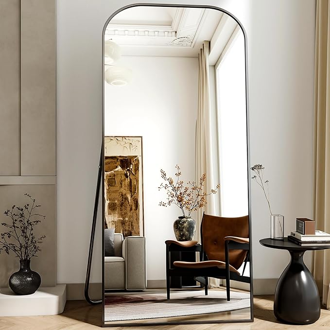 Full Length Mirror, 71"x28" Floor Mirror Freestanding, Arched Floor Standing Large Mirror Full Body Mirrors with Stand for Bedroom, Hanging Mounted Mirrors for Living Room,Black