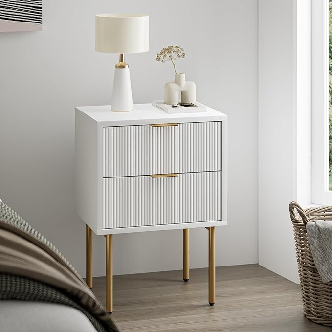 Masupu Nightstand,Mid-Century Modern Bedside Table with 2 Storage Drawer,Small Gold Frame Side End Table for Bedroom,Living Room, White