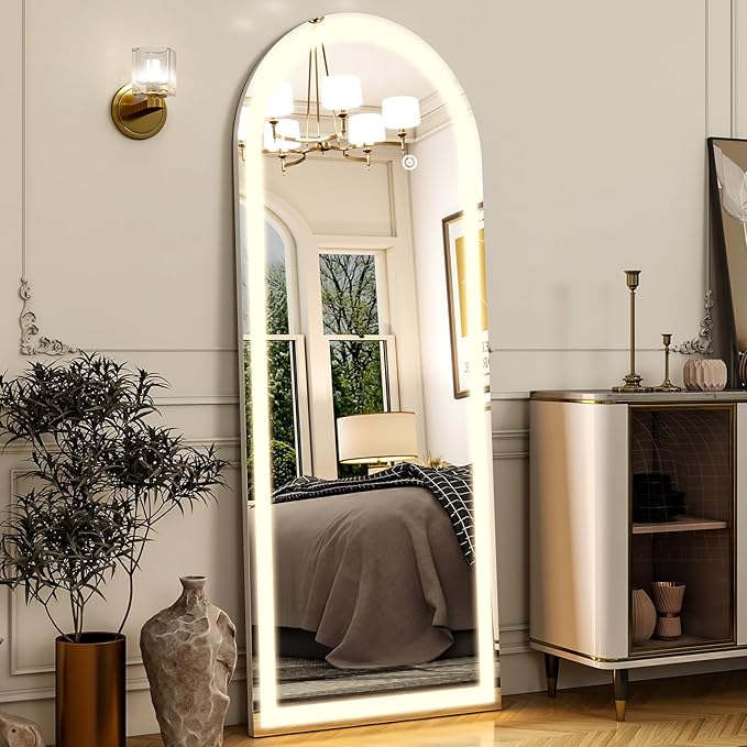 21"x56" Arched Full Length Mirror with LED Lights, Standing or Wall-Mounted Full Body Mirror with Stand, Dimmable 3-Color Lighted Floor Mirror for Bedroom, Dressing Room, Cloakroom